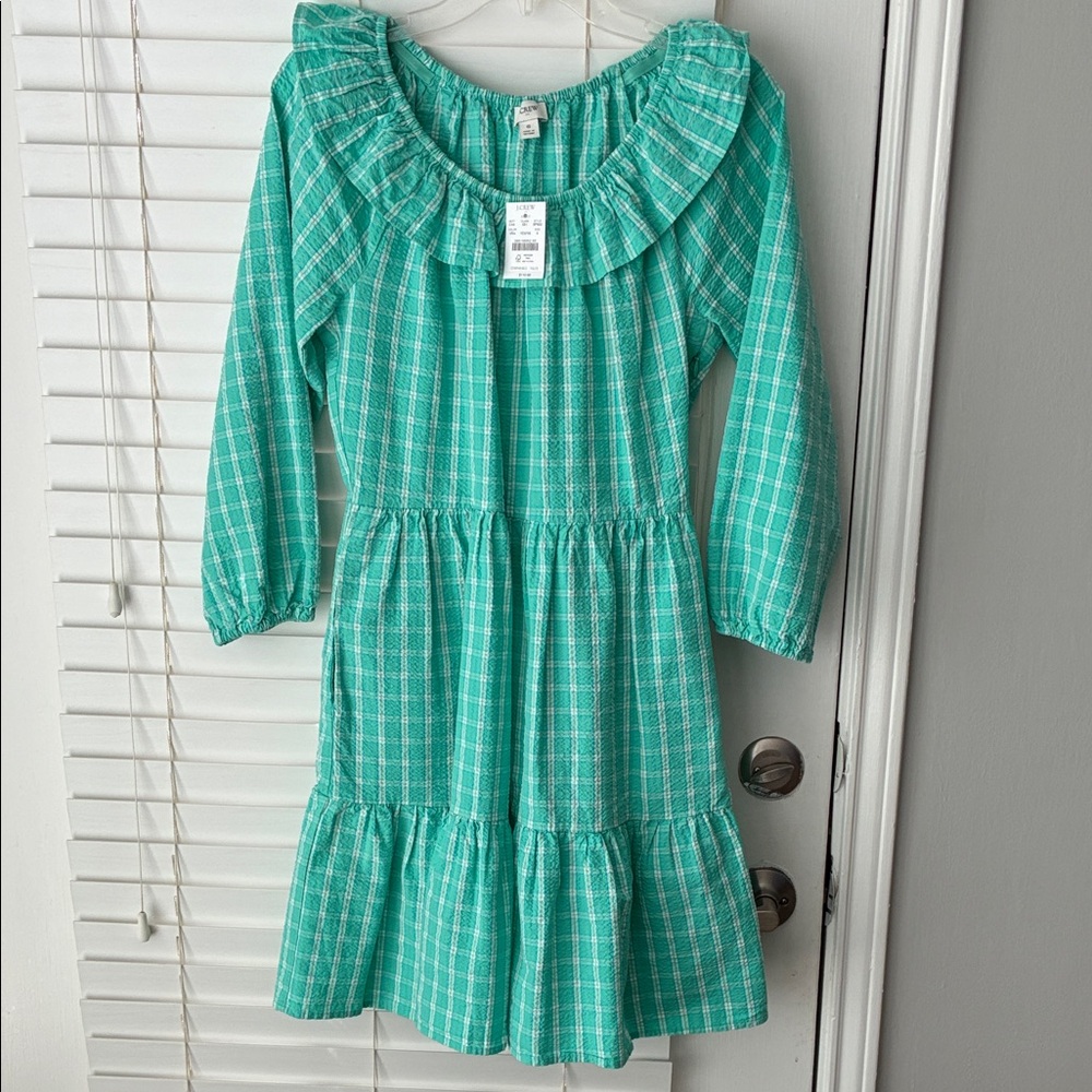 J.Crew Seersucker Dress SZ 6 Aqua Green Blue Plaid Pockets Ruffled Neck NWT